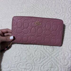 Coach Rose Pink Embossed Signature Zip Wallet
